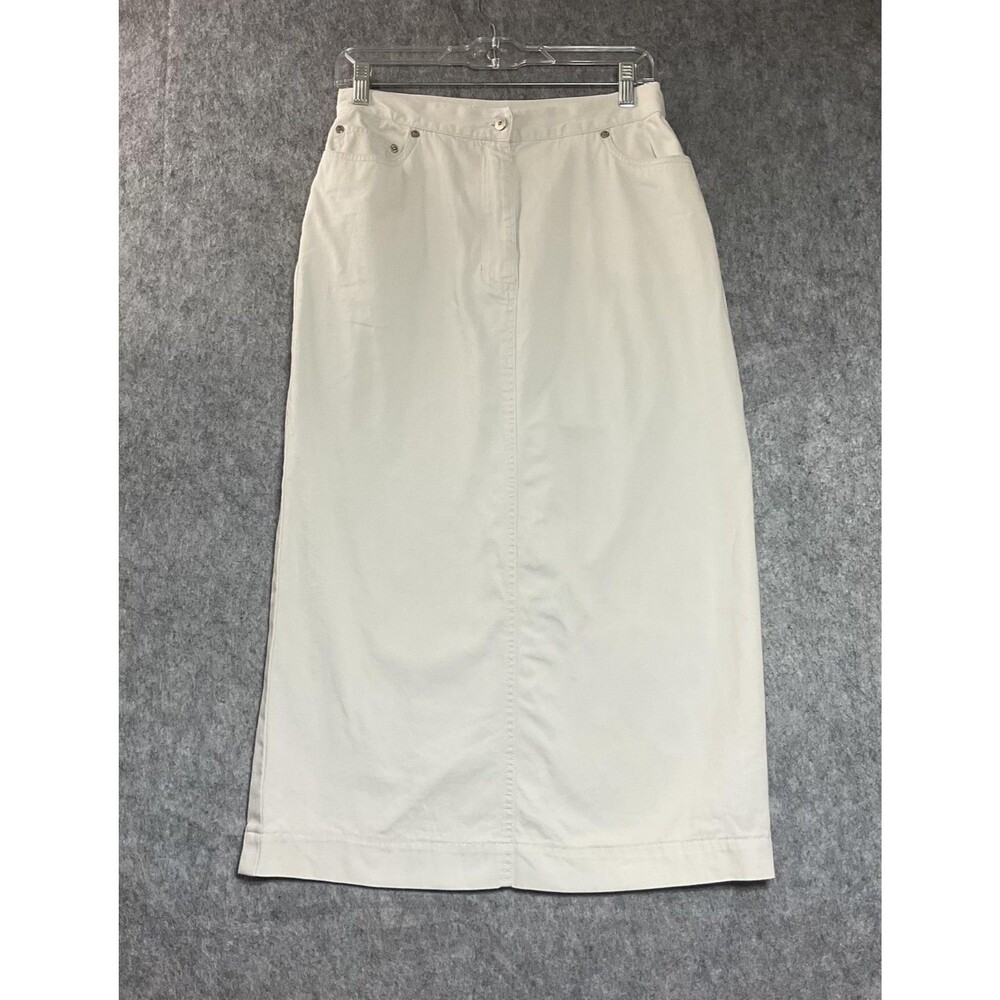 Vintage Skirt Womens 8 Beige Denim Long Pencil High Waist Pockets Slit Casual